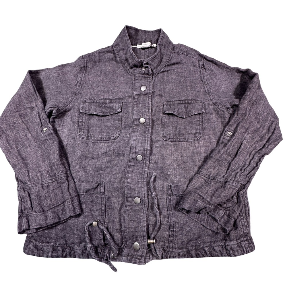 C & C California‎ 100% Linen Jacket Women's Small Gray Snaps Roll Tank Sleeve